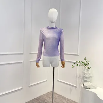 Новые весенне-летние женские блузки 2023 Высокого качества с фиолетовым градиентом и бриллиантами с длинным рукавом и черепашьим вырезом Изображение