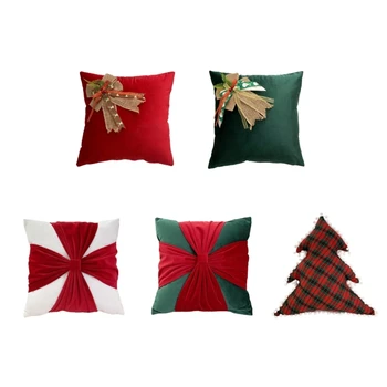 Рождественская декоративная мягкая бархатная подушка со вставкой, Милая подушка ручной работы в форме дерева с бантом для домашнего дивана Изображение