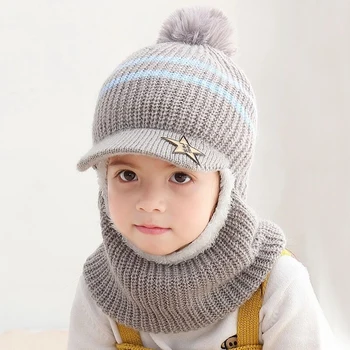 Детская зимняя шапка с помпоном, шапочки-бини для маленьких девочек и мальчиков, бейсболки с теплой флисовой подкладкой для детей Изображение