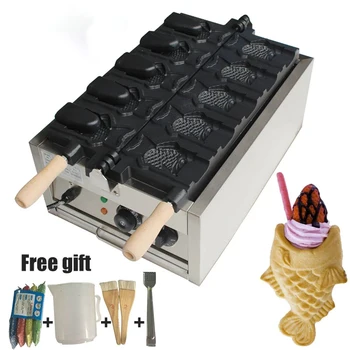 Коммерческая электрическая машина для приготовления тайяки в форме рыбы с открытым ртом, 5 шт., машина для приготовления мороженого, конус для тайяки, вафельный конус, пекарня, вафельная машина Изображение