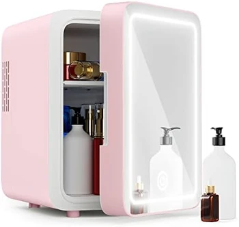 Холодильник для ухода за кожей - Мини-холодильник с регулируемым зеркалом со светодиодной подсветкой (4 литра / 6 банок), охладитель и грелка, для хранения косметики, средств по уходу за кожей и Изображение