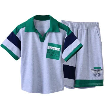 Новый комплект летней одежды для детей, рубашки поло с отложным воротником для мальчиков и широкие шорты, модная детская спортивная одежда из двух предметов Изображение