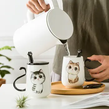 Кружка для пары, керамическая кофейная чашка с милым котом, креативная чашка для воды большой емкости для офиса, кофейная чашка с крышкой, ложка KEDICAT Изображение