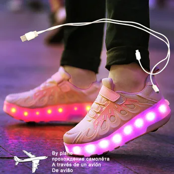 Детские Светящиеся Кроссовки для мальчиков с Двойным/Двумя колесами, Обувь для роликовых коньков, Обувь Для Взрослых Детей с USB-зарядкой, Розовые Девочки Изображение