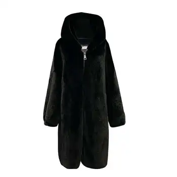 Осенне-зимнее пальто из искусственного меха из овечьей шерсти 2023, Женское пальто из кроличьего меха средней длины, Свободное Утолщенное пальто с капюшоном Изображение