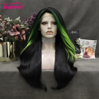 Imstyle, Черный парик, Длинный синтетический парик на кружеве, Натуральные волнистые зеленые парики с подсветкой Для женщин, вечерние, Косплей, термостойкое волокно Изображение