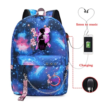 2023 Школьная сумка для Девочек, Женская Аниме Demon Slayer Kawaii, Школьная сумка Shinobu Kocho, USB-Порт, Школьный Рюкзак, Рюкзак Mochilas Изображение