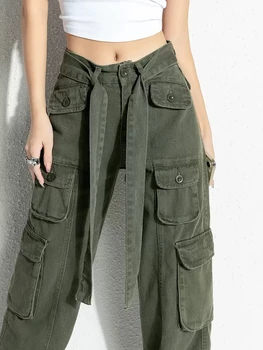 Летние зеленые брюки-карго, женские джинсовые брюки для девочек свободного кроя, прямые, с множеством карманов, с высокой талией, широкие брюки, джинсы Женские Изображение