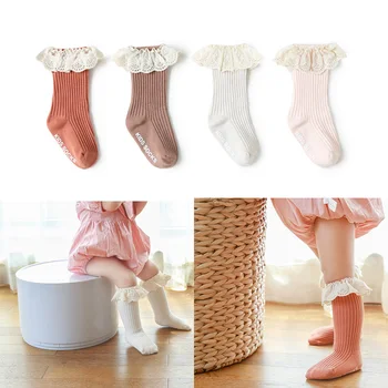 Носки Для маленьких девочек, Кружевные Носки до колена для новорожденных, Нескользящие хлопковые Носки для маленьких Девочек, Длинный Носок для 0-3 лет Изображение