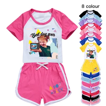 Повседневная детская спортивная одежда 2023 года, Комплекты одежды A for Adley, Футболка для маленьких девочек и мальчиков + шорты, комплект из 2 предметов, Хлопковый Детский костюм Изображение