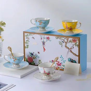 Кофейная чашка и тарелка из костяного фарфора в стиле Гуочао, элитный бытовой послеобеденный чайный сервиз, пара чашек, подарочная коробка, подарочный набор Изображение