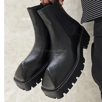 Черные Кожаные ботинки, мужские короткие ботинки с квадратным носком Носорога, Ботильоны на среднем каблуке, модные ботинки 