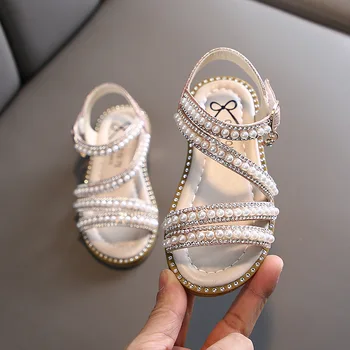 Элегантные сандалии с бисером для детей и девочек, Летняя мода 2023 года, сандалии-гладиаторы для девочек-принцесс, обувь для маленьких девочек, противоскользящая обувь Изображение