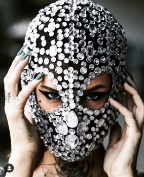 2021 Блестящий Горный Хрусталь, пользовательские блестящие маски с бриллиантами, головной убор для DJ-клуба, сексуальный головной убор Изображение