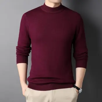 2023 Весенне-осенний однотонный свитер с высоким воротом, мужская одежда, свитера тонкой вязки 9971 Изображение