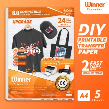 Производитель WinnerTransfer Бумага для переноса тепла для футболок для струйных и лазерных принтеров, бумага для трансферной печати на темной ткани формата А4 Изображение
