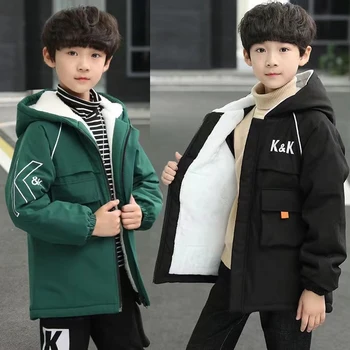 Зимняя теплая куртка для мальчиков от 3 до 12 лет, длинная стильная верхняя одежда с подкладкой и капюшоном для детей, детское пальто, защищающее от холода Изображение