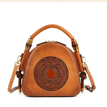 Кожаная женская сумка, Новая винтажная сумка через плечо, китайская сумка-мессенджер на одно плечо, Верхний слой, сумка из воловьей кожи Изображение