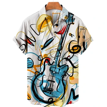 Гавайская Модная Музыкальная Гитара, Мужские Рубашки с 3D Принтом, V-Образный Вырез, Короткий Рукав, Свободная Рубашка, Мужская Одежда Для Праздничной Вечеринки, Топы 5xl, Camicas Изображение