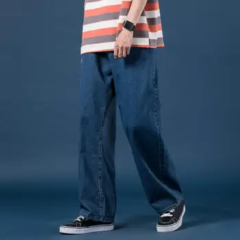 Стильные мужские джинсы со средней посадкой, удобные прямые широкие джинсовые брюки в стиле хип-хоп, джинсовые брюки полной длины, повседневная одежда Изображение