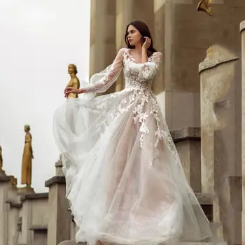 Тонкое Новое Поступление, Свадебные платья с длинными пышными рукавами, Платья Невесты Трапециевидной формы, Тюлевые пуговицы, кружевные аппликации, Свадебное платье 2020 Изображение