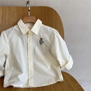 Весенняя детская рубашка 2023 года, Детские рубашки с длинными рукавами и отворотами, Топы с вышивкой Медведя из Мультфильма для девочек Изображение