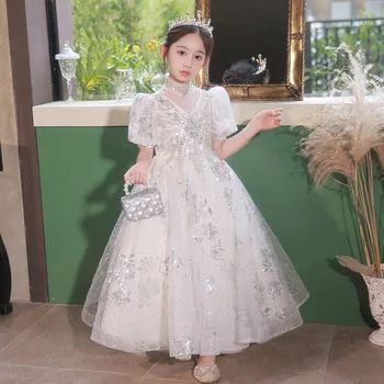 Высококачественное платье для девочек на день рождения, свадебное платье с цветочным узором, длинное платье принцессы, расшитое блестками, 2023, летние новые детские платья Изображение