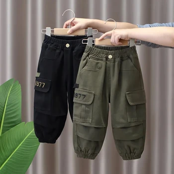 Детские весенне-осенние брюки 2023 года, новые красивые брюки-карго для мальчиков, детские повседневные брюки Изображение