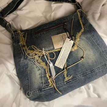 Винтажные джинсовые женские сумки через плечо, Дизайнерская промытая Женская сумка с кисточками, Модная Женская сумка-тоут Большой емкости Изображение