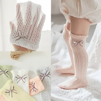 Детские носки для малышей, вязаные хлопковые длинные носки-трубочки, Носки до колена для малышей, Кружевные милые носки для девочек для детей Изображение