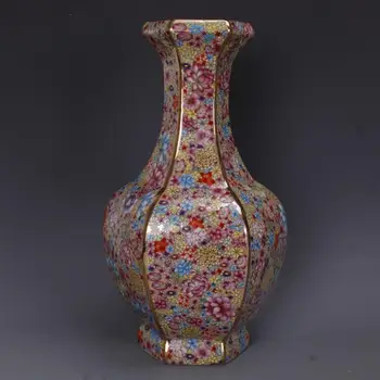Старинные изделия ручной работы Цзиндэчжэнь, эмаль династии Цин Цяньлун, золотая шестиугольная ваза для цветов, антикварные украшения из коллекции Изображение