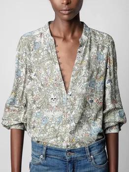 Летняя женская рубашка 2023 года с принтом Черепа, Длинный рукав, Однобортная винтажная блузка с круглым вырезом Изображение