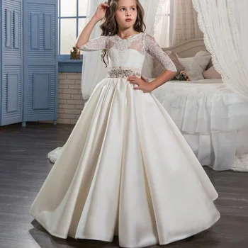 Винтажное атласное платье в цветочек для девочек, Свадебное платье с бриллиантовой вставкой, кружевной галстук-бабочка, длинная пышная юбка Изображение