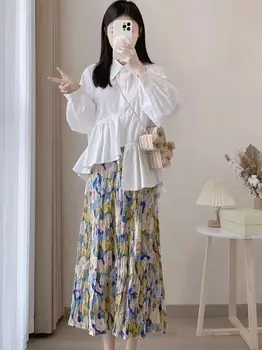 Летняя женская Белая асимметричная Свободная рубашка с длинными рукавами в складку Модного и шикарного дизайна Изображение