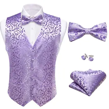 Дизайнерский жилет для мужчин, Шелковый жилет с фиолетовым цветком, галстук-бабочка, Комплект с носовым платком, Свадебный пиджак без рукавов, костюм Barry Wang Изображение