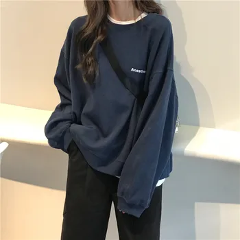 Новый пуловер с надписью Kpop, модные корейские тонкие шикарные женские толстовки, классные темно-синие Серые толстовки для женщин M-XXL Изображение