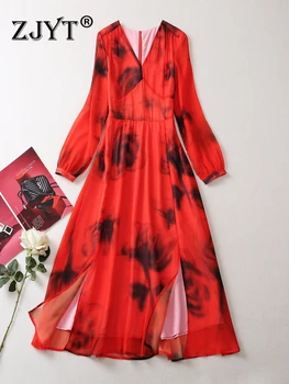 Дизайнерские осенние платья ZJYT с длинным рукавом для женщин 2023, Модные платья Миди с V-образным вырезом и принтом, Праздничное женское платье, Повседневное Винтажное платье Aline Изображение