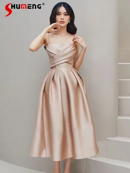 Легкое роскошное атласное платье на подтяжках, Женское элегантное Модное Нишевое платье с перекрестной складкой, Вечернее платье средней длины большого размера Изображение