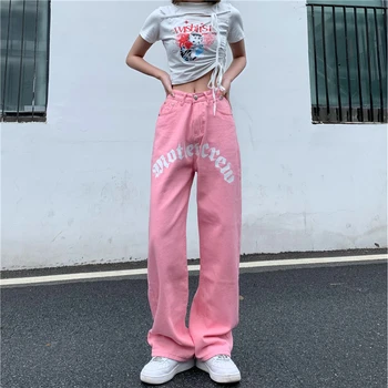 Женские Винтажные джинсы с высокой талией, Уличная одежда в стиле хип-хоп, Корейская мода, Розовые Прямые Мешковатые джинсовые брюки с широкими штанинами, осень и зима Изображение