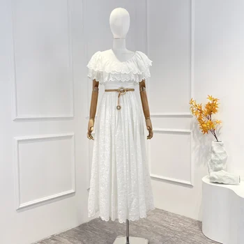 Платье миди в белый горошек с рюшами и вышитым поясом 2023, Высококачественная Летняя Женская одежда Изображение