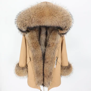 Maomaokong2019 модная женская одежда, пальто из щучьего меха, зимняя куртка, воротник из натурального меха енота, подкладка из натурального меха енота, длинное пальто Изображение