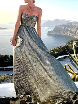 2022 Сексуальное длинное платье без бретелек с открытой спиной, Женское Элегантное вечернее платье в стиле Бохо с бронзовым отливом, Модное платье без рукавов трапециевидной формы Изображение