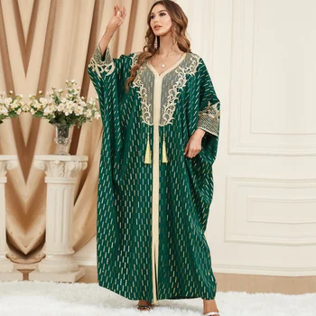 Мусульманские платья для женщин, Весна-Осень, мусульманское длинное платье из полиэстера с длинным рукавом и V-образным вырезом, мусульманская мода, макси-платье Abaya Изображение