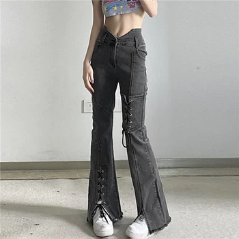 Женские джинсы, Повседневные джинсовые брюки, Женские брюки в уличном стиле, Длинные брюки в стиле хип-хоп, Расклешенные брюки с высокой талией, однотонные расклешенные низы Изображение