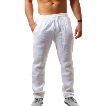 Мужские льняные брюки, повседневные длинные брюки -Свободные легкие пляжные брюки для йоги с завязками, повседневные брюки - 9 цветов Изображение