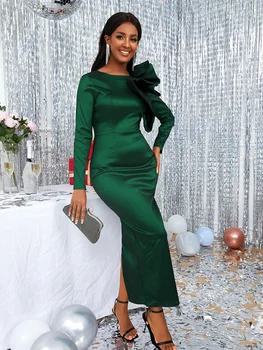 Зеленое Вечернее платье с Длинным рукавом, оборками, высокой талией, облегающее Женское Платье для вечерних мероприятий, Рождественские платья, Наряды Большого размера 4XL Изображение
