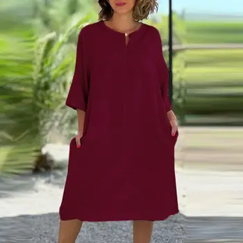 Женское осеннее платье Lady в винтажном стиле Длиной до колена с полым V-образным вырезом из мягкой дышащей ткани, Удобными карманами для Изображение