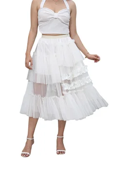 Awoscut/Женская Длинная юбка-пачка из прозрачной сетки для девочек, эластичный пояс, многослойный тюль, Свадебная вечерняя юбка Миди принцессы (молочный Изображение