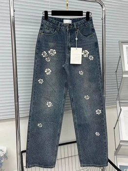 Дизайнерские винтажные джинсы из чистого хлопка с принтом 