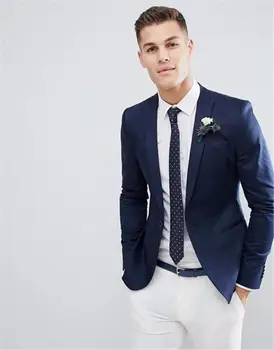 Высококачественный темно-синий свадебный костюм и белые брюки, приталенный мужской костюм, комплект из 2 предметов (куртка + брюки) Сшитый на заказ блейзер terno Изображение